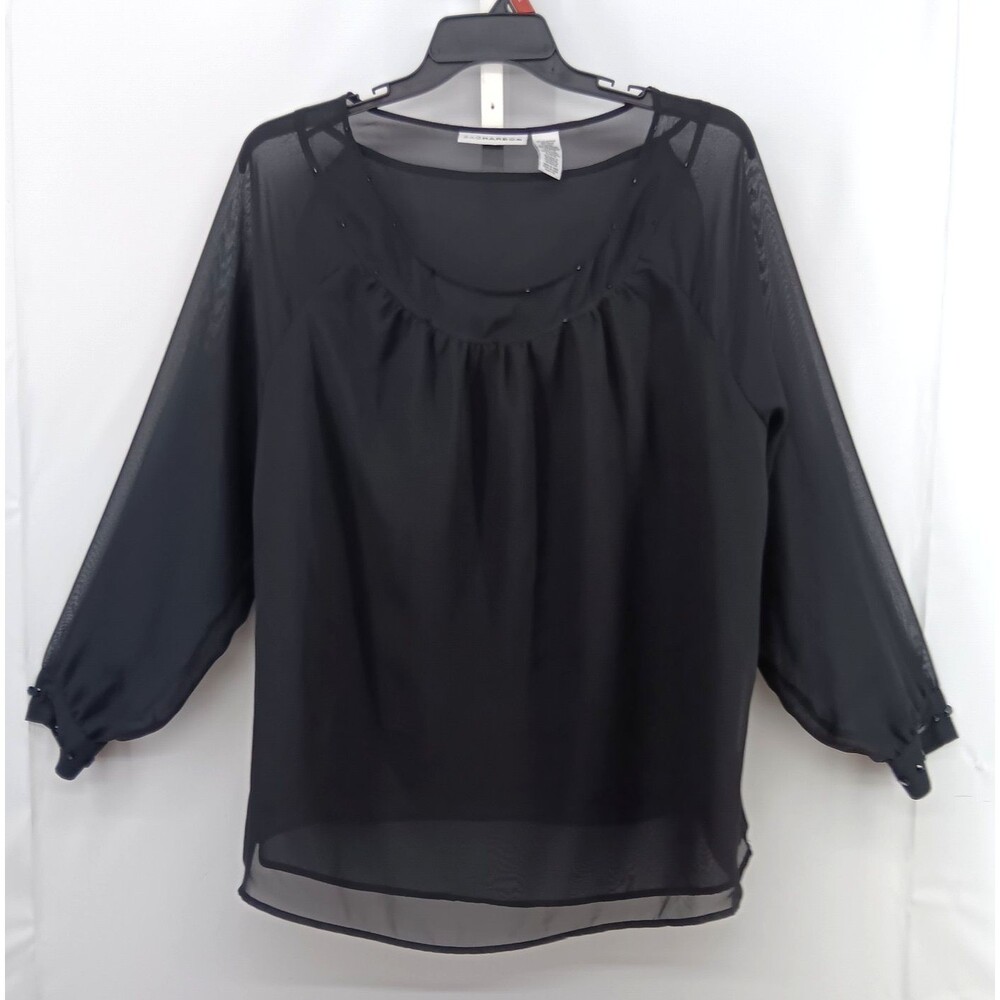 Sag Harbor Blouse Women Size XL Black Long Sleeve Sheer Lined Beaded Accent Top